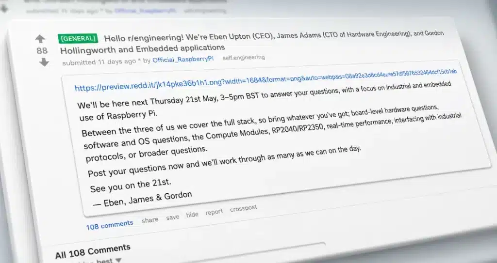 Raspberry Pi 6 engineers Eben Upton, James Adams, and Gordon Hollingworth hosting a Reddit AMA in 2026 about Pi 6 and RP2350