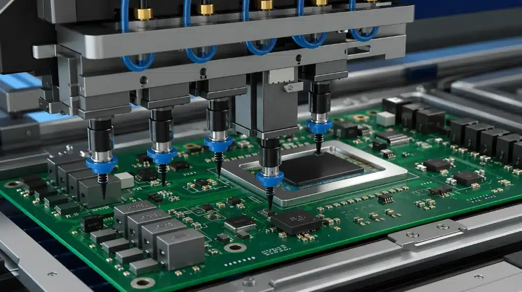 An automatic pick-and-place machine assembling components onto a PCB